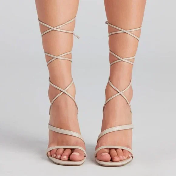 NEW Strappy Ankle Lace-Up High Stilettos Heel Barely There Sandals Shoes Bone - Picture 7 of 13